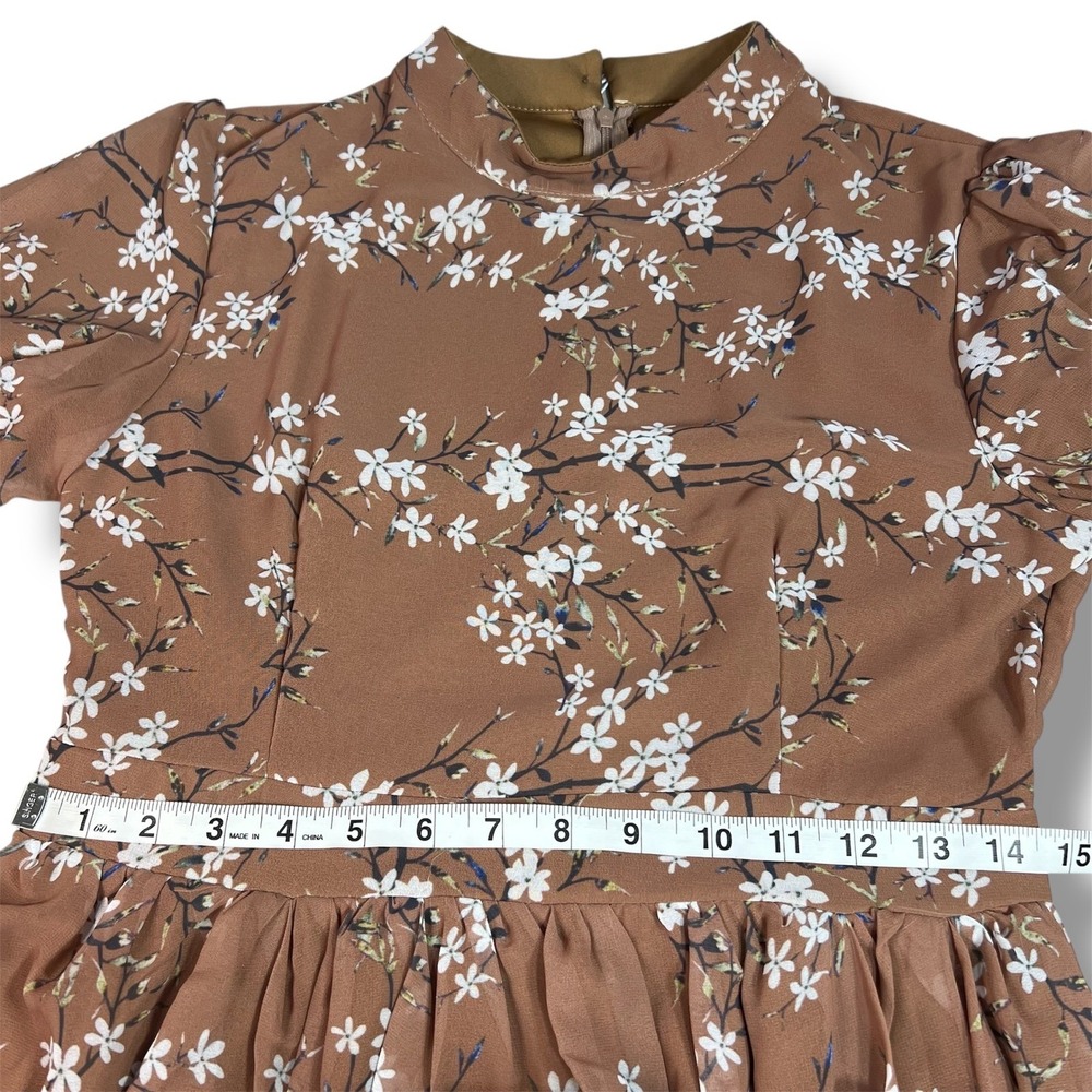 Brown Floral Chiffon Mock Neck Maxi Dress Women's S Long Sleeve Boho Cottage New - Picture 7 of 9